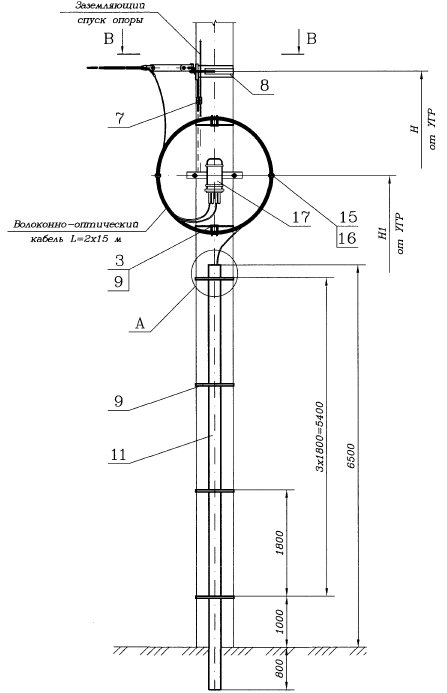 411307-ТМП-220 Узел анкеровки с запасом кабеля с установкой соединительной муфты и спуск ВОК в защитной трубе на ж/б опоре КС